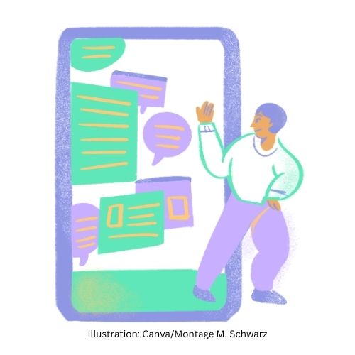 Die Illustration zeigt eine Figur, die aus einem übergroßen Smartphone heraussteigt und weggeht.