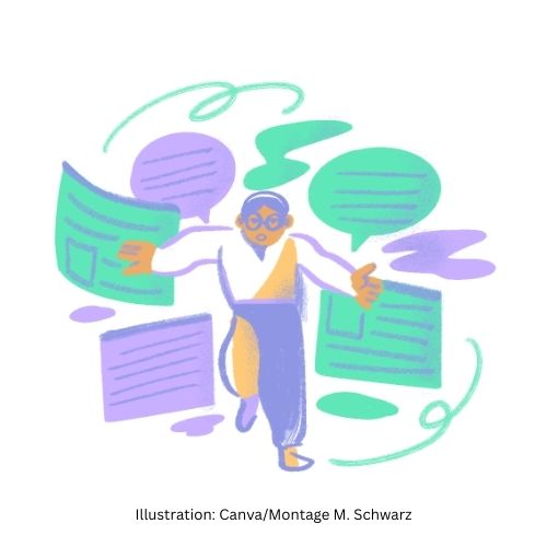 Die Illustration stelle eine Person dar, umgeben von Sprechblasen und Textfeldern. Die Person wirkt gestresst.