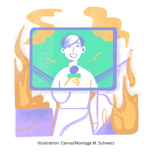 Die Illustration zeigt einen Nachrichtensprecher mit Mikrofon, umgeben von abstrakten, flammenden Elementen, symbolisiert digitale Nachrichten.