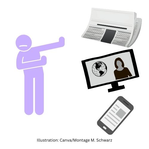 Die Illustration zeigt eine Figur, die sich mit den Händen abwendet. Daneben sind eine Zeitung, ein Fernseher und ein Handy abgebildet.