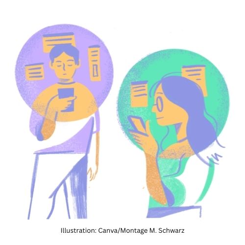 Die Illustration zeigt zwei Personen, die auf Smartphones schauen, umgeben von Informationsblasen. 