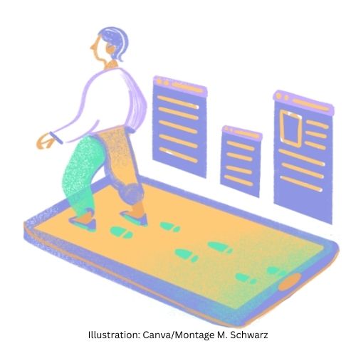 Die Illustration zeigt eine Figur, die über ein übergroßes Smartphone spaziert und digitale Nachrichtenartikel ignoriert.