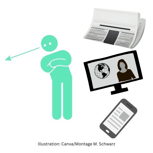 Die Illustration zeigt eine Figur, die sich wegschaut. Daneben sind eine Zeitung, ein Fernseher und ein Handy abgebildet.
