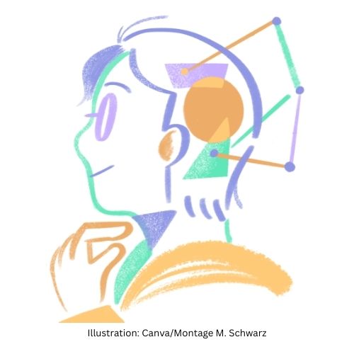 Illustration eines nachdenklichen Menschen im Profil, mit geometrischen Formen und sanften Farben, die Nachdenken symbolisieren.