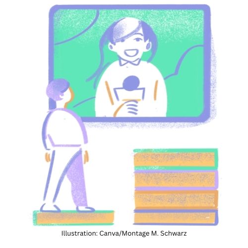 Illustration einer Person, die vor einem Bildschirm steht, auf dem eine Nachrichtensprecherin mit Mikrofon zu sehen ist. D