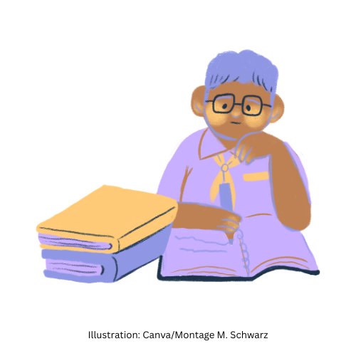 ein Mann mit Brille sitzt an einem Schreibtisch und liest Bücher