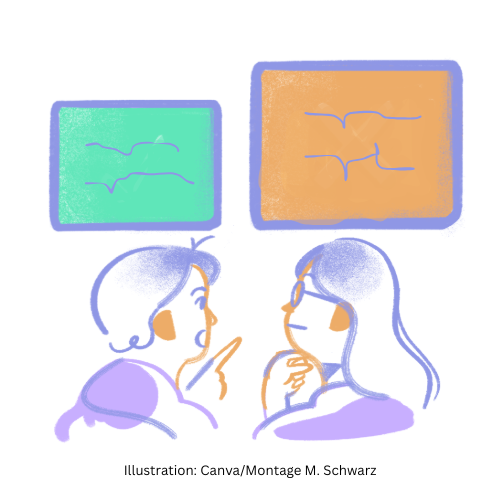 Die Illustration zeigt zwei Personen, die miteinander sprechen.