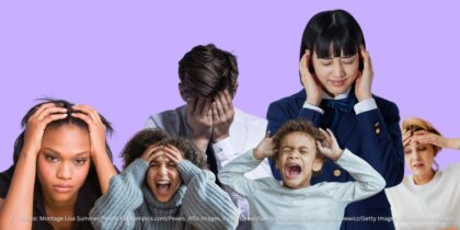 Das Bild zeigt Fotos von sechs verschiedenen Personen, verschiedenen Frauen, Männern und Kindern. Sie halten sich die Ohren oder Augen zu und wirken überfordert und frustriert.