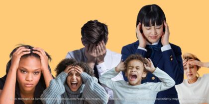 Das Bild zeigt Fotos von sechs verschiedenen Personen, verschiedenen Frauen, Männern und Kindern. Sie halten sich die Ohren oder Augen zu und wirken überfordert und frustriert.
