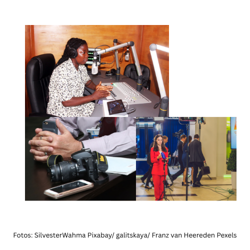 drei verschiedene Fotos mit einer Moderatorin in einem Radiostudio, einem Mann mit Kamera und Handy und einer Moderatorin in einem Fernsehstudio