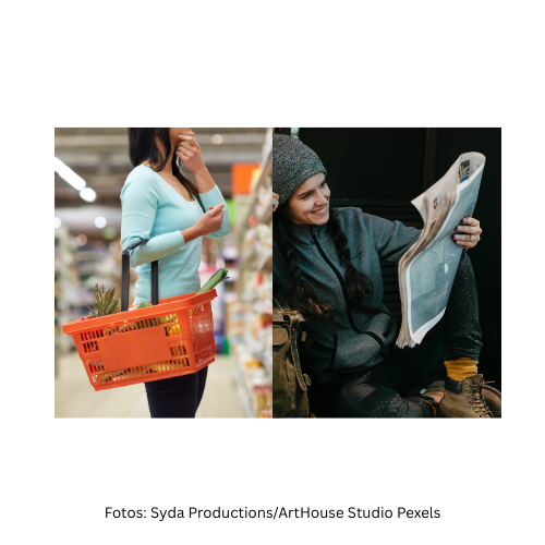 zwei Bilder zeigen zwei Frauen: Die eine Frau kauft in einem Supermarkt ein. Die andere Frau liest eine Zeitung.