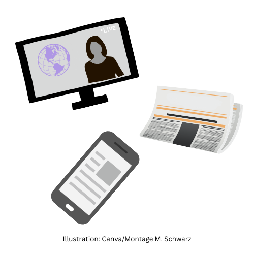 eine Nachrichtensendung im Fernsehen, eine Zeitung und ein Handy