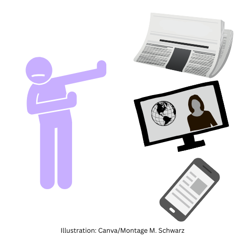 eine Figur die die Arme ablehnend gegenüber einer Zeitung, einem Handy und einer Nachrichtensendung im Fernsehen wegstreckt