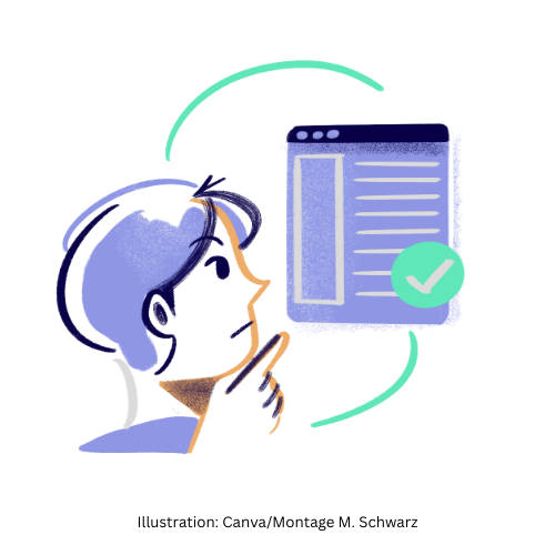 Eine Figur die auf eine Dokument schaut und ein kleines grünes Häkchen. Es zeigt, dass die Person das Dokument prüft.