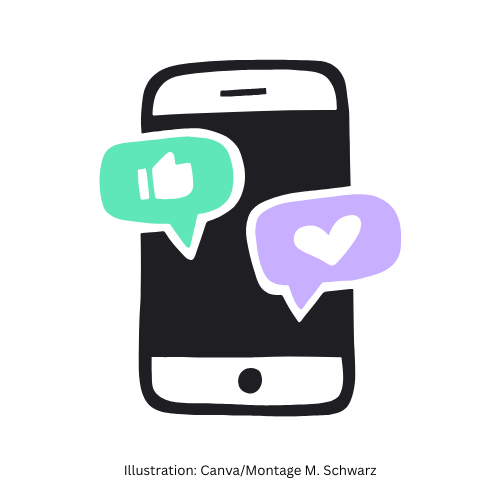 ein Handy mit zwei Sprechblasen mit einem Like und einem Herz